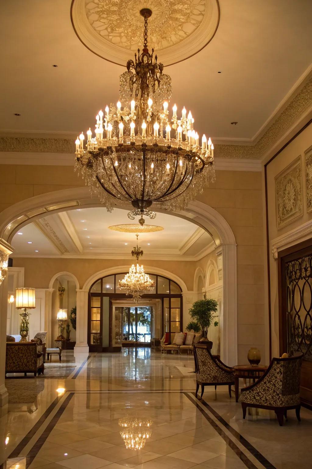 A chandelier imparts refinement and class to any entryway.