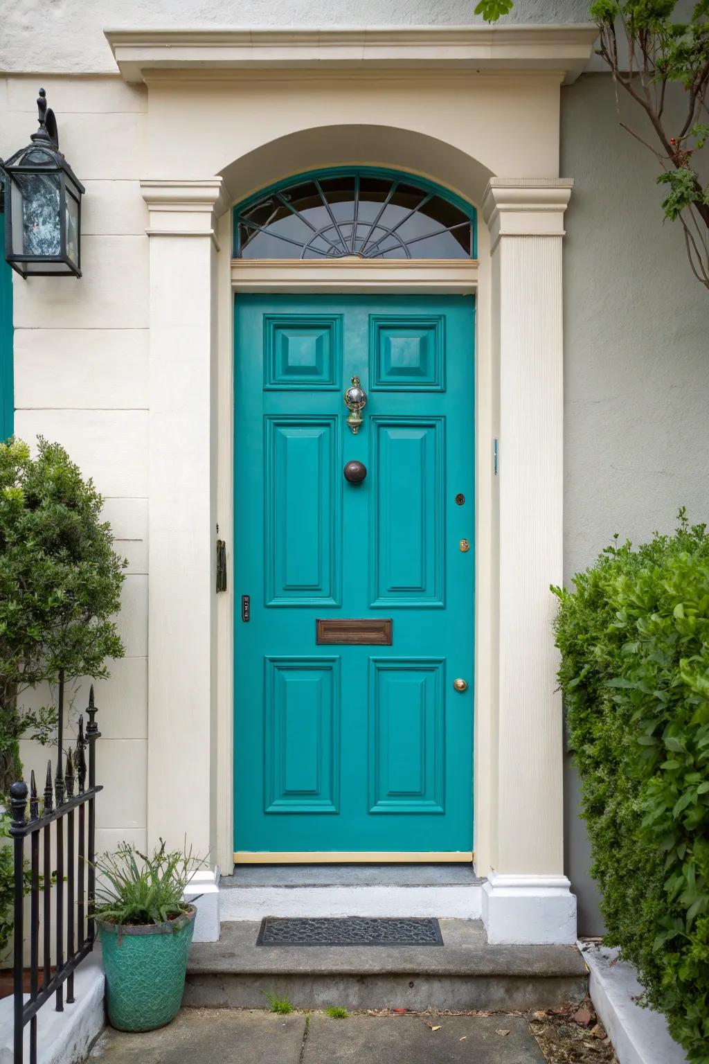 A vibrant cyan door makes a bold statement against a subdued background.