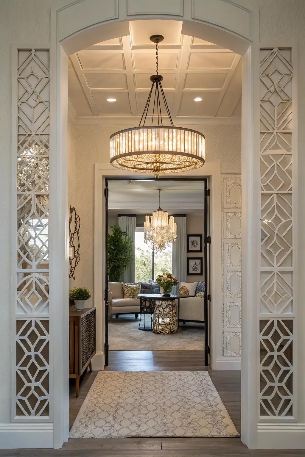 A cozy entryway showcasing a small chandelier with captivating geometric designs.