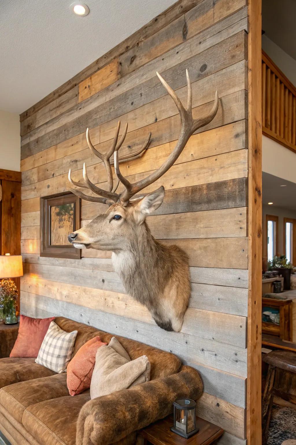 A display against raw timber enhances a room’s cozy feel.