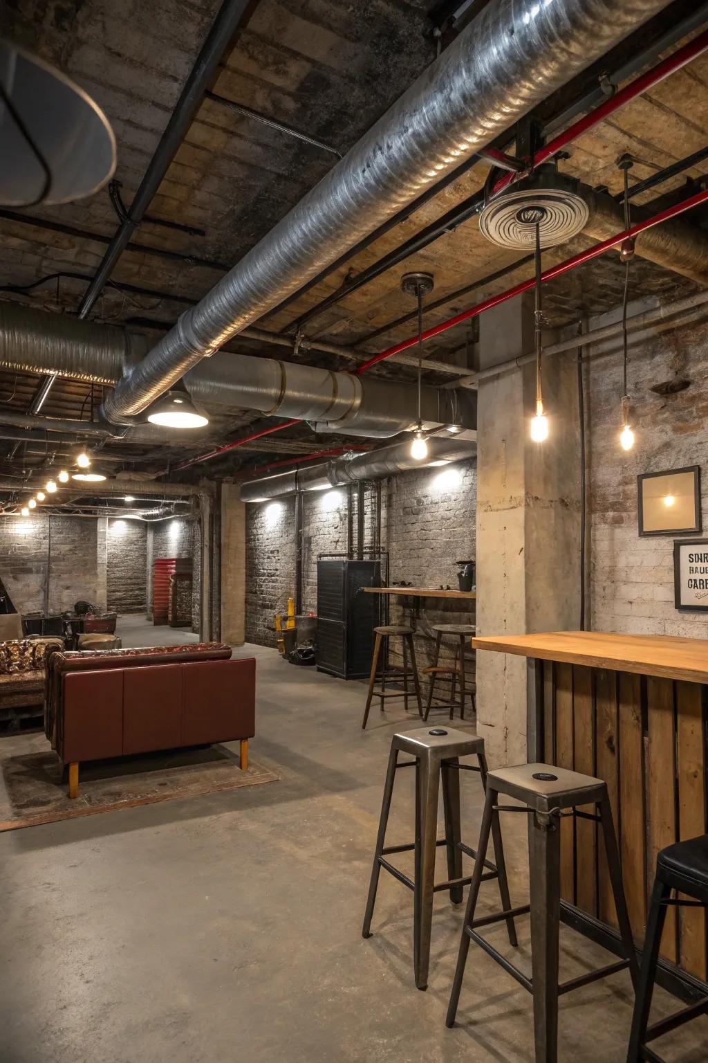 Basement's industrial character enhanced by exposed structural elements.