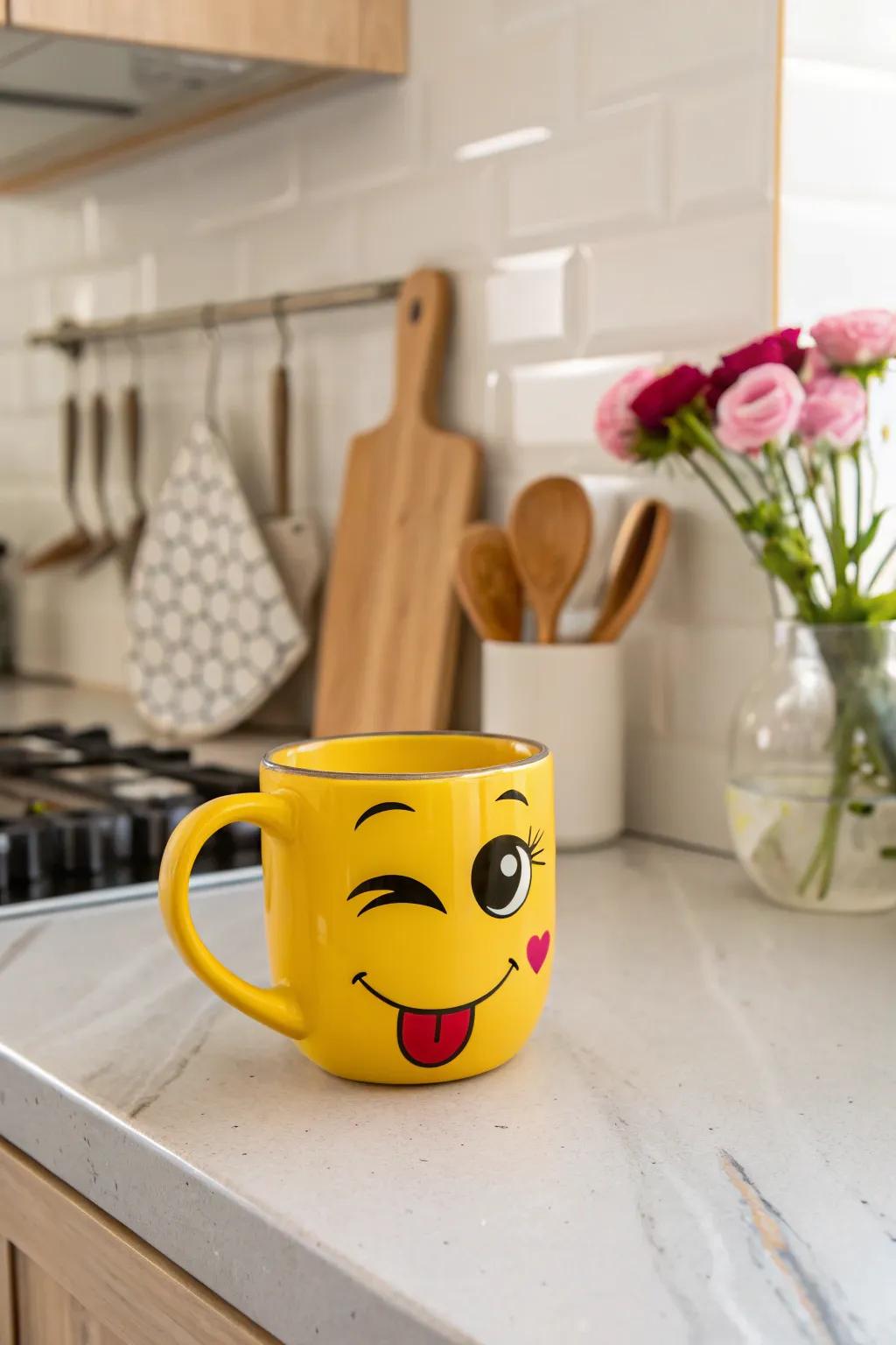 A facial mug with a lively, overdone wink to jumpstart your day with a grin.