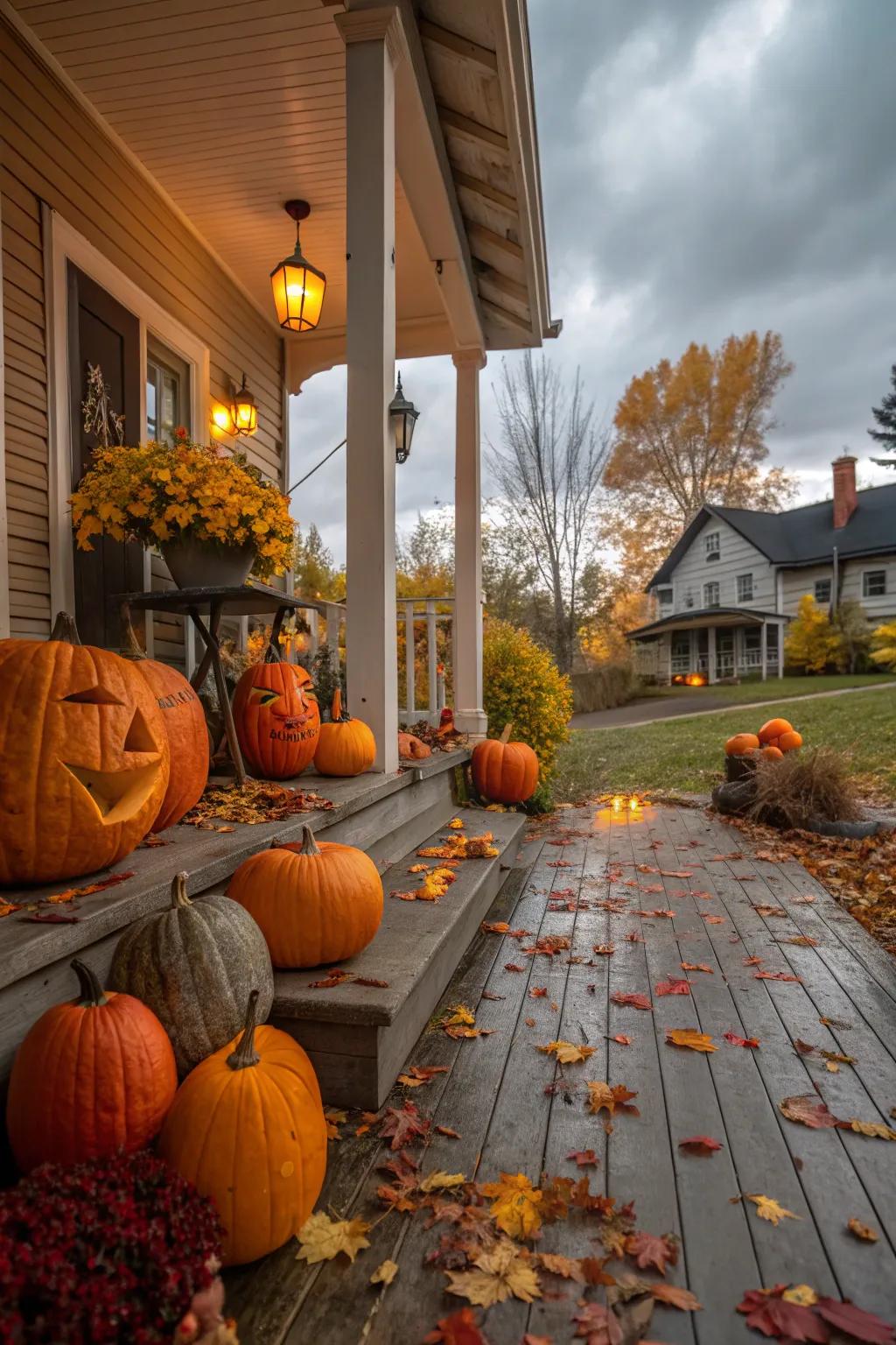 A porch decorated with a variety of pumpkins for fall.