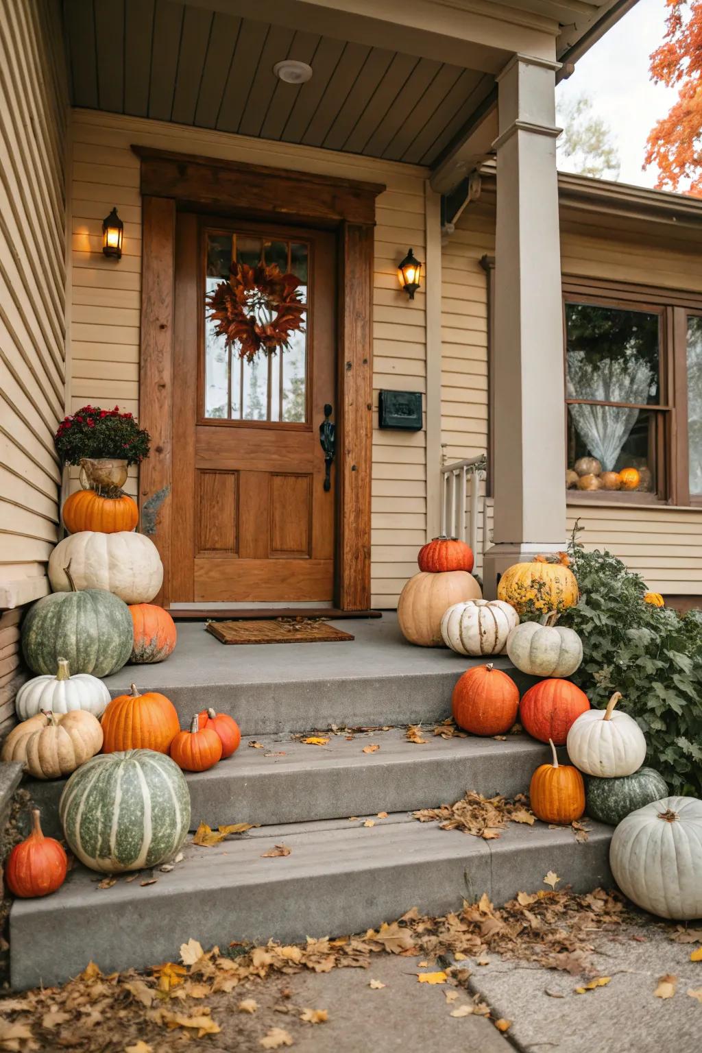 A delightful assortment of pumpkins in various shades, warmly greeting guests.