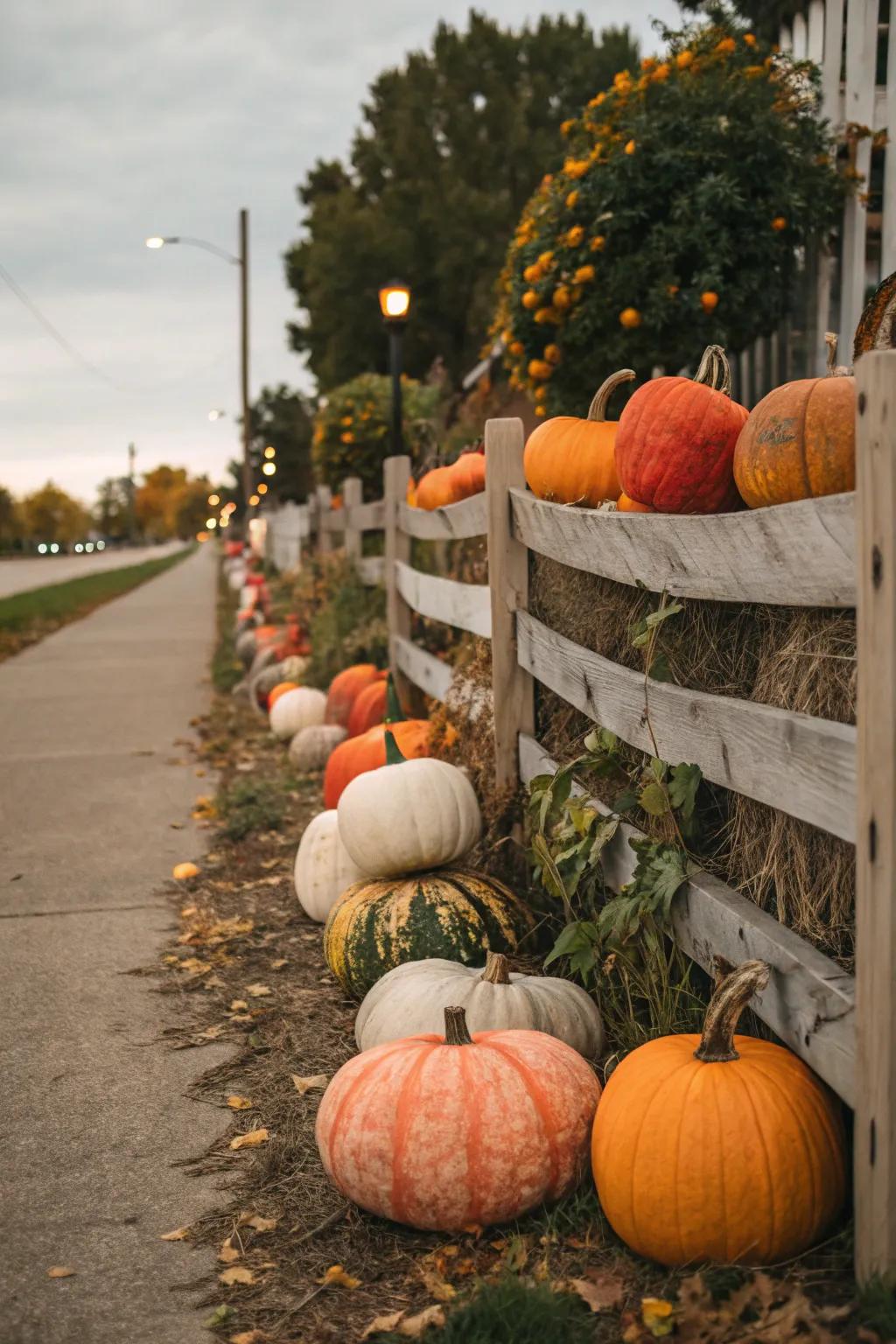 An assortment of pumpkins lines a fence, crafting an inviting fall spectacle.