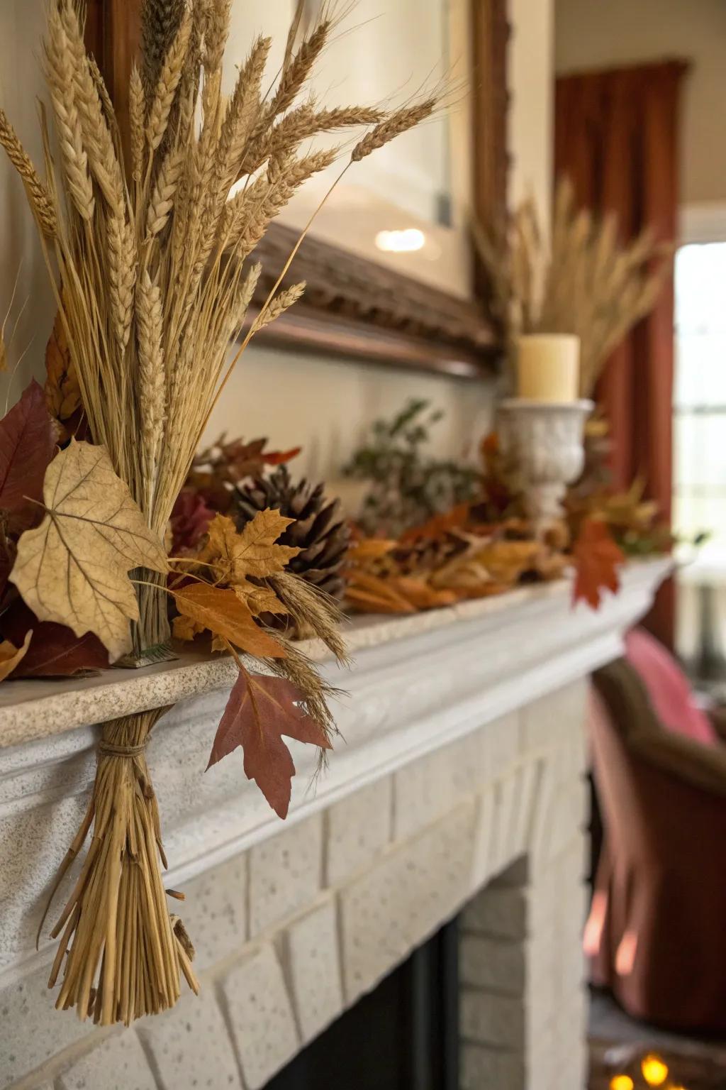 A fireplace decorated with desiccated foliage and cereal stems, encapsulating the essence of autumn.