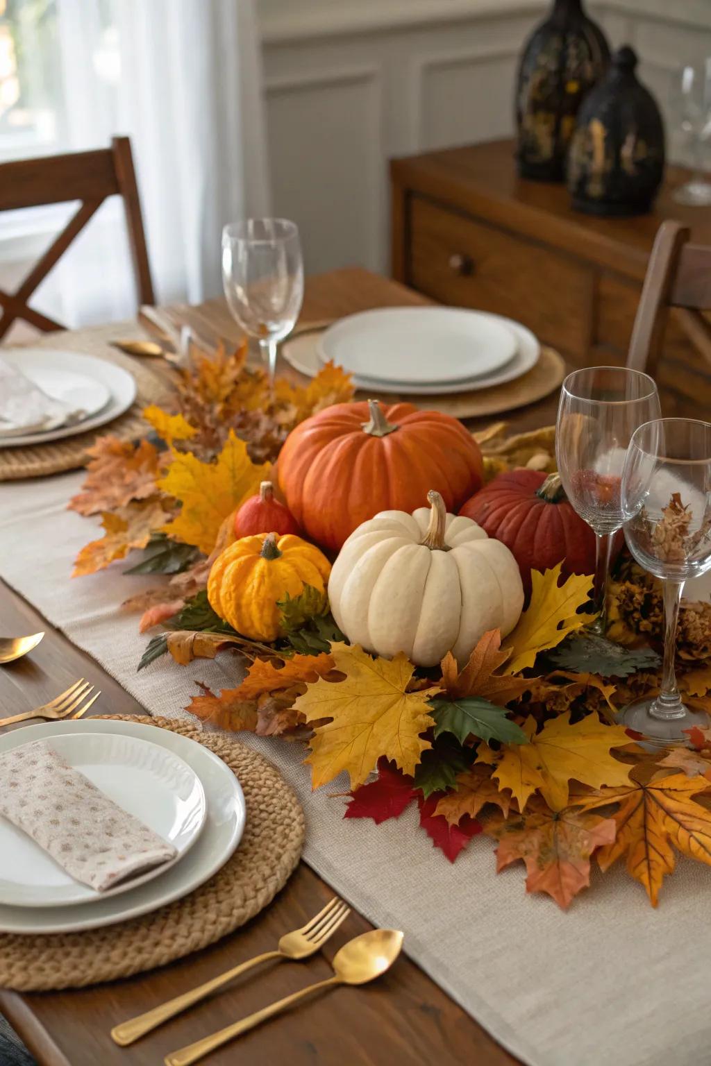 Gourd showpieces contribute a quintessential autumn appeal to any dining display.