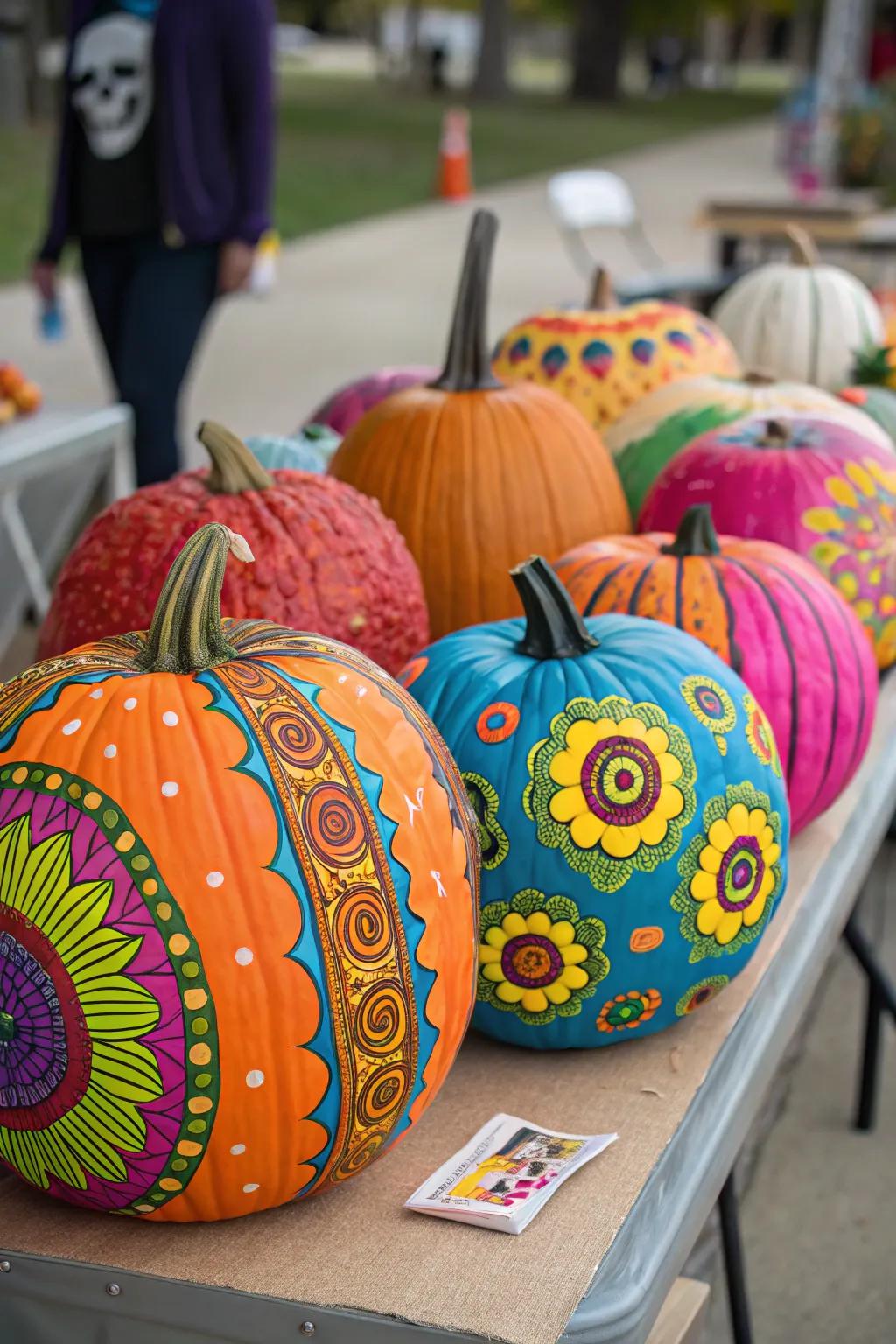 A vivid array of artistically painted pumpkins.