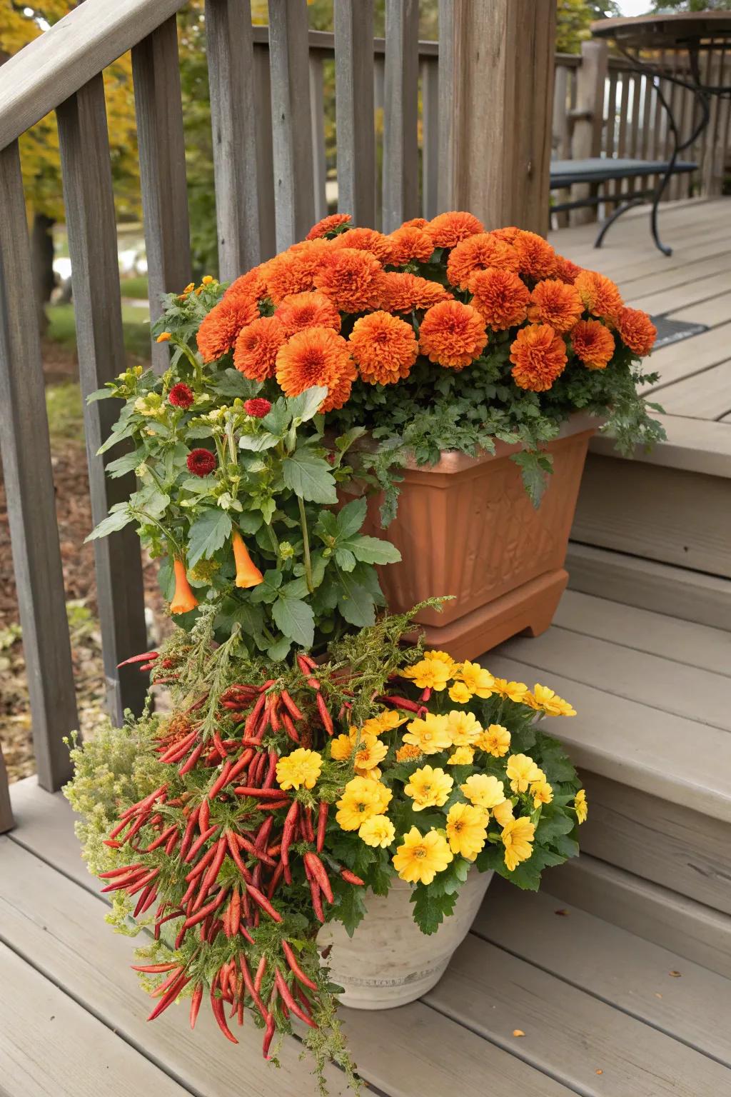 Layered containers bring the vibrant shades of autumn directly to your porch.