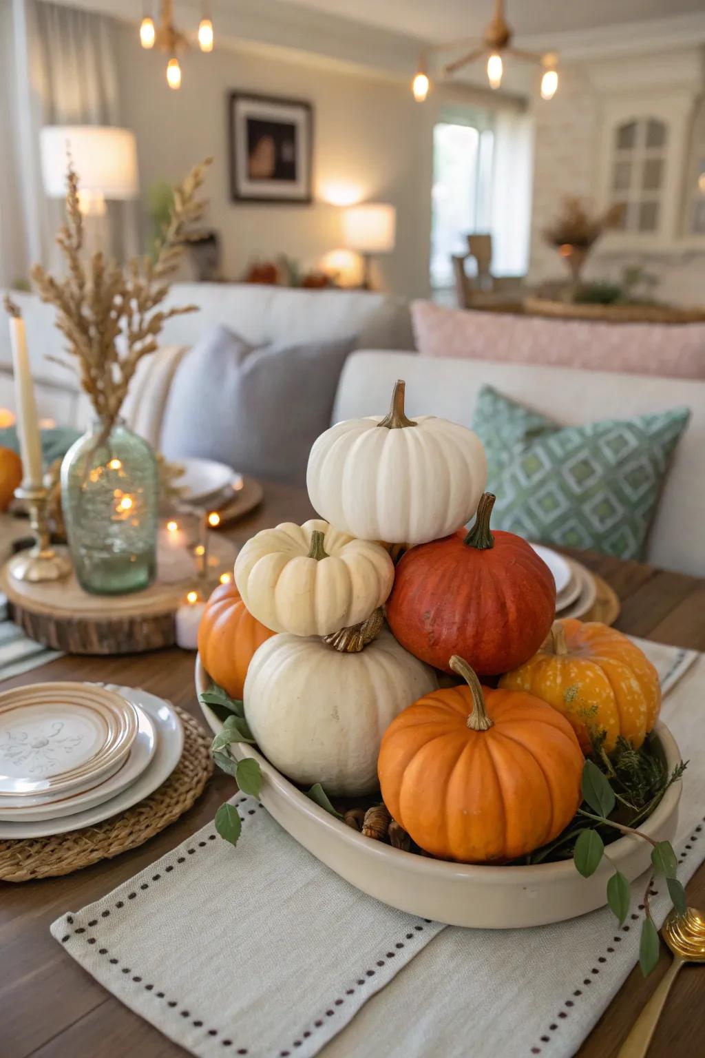 Employ pumpkins of assorted sizes to compose a delightful fall centerpiece.