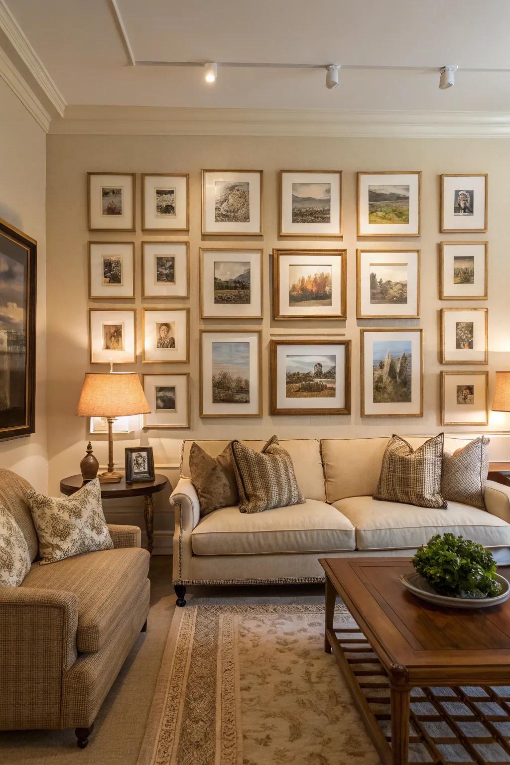 A classic timeless gallery layout with symmetrical frame placement.