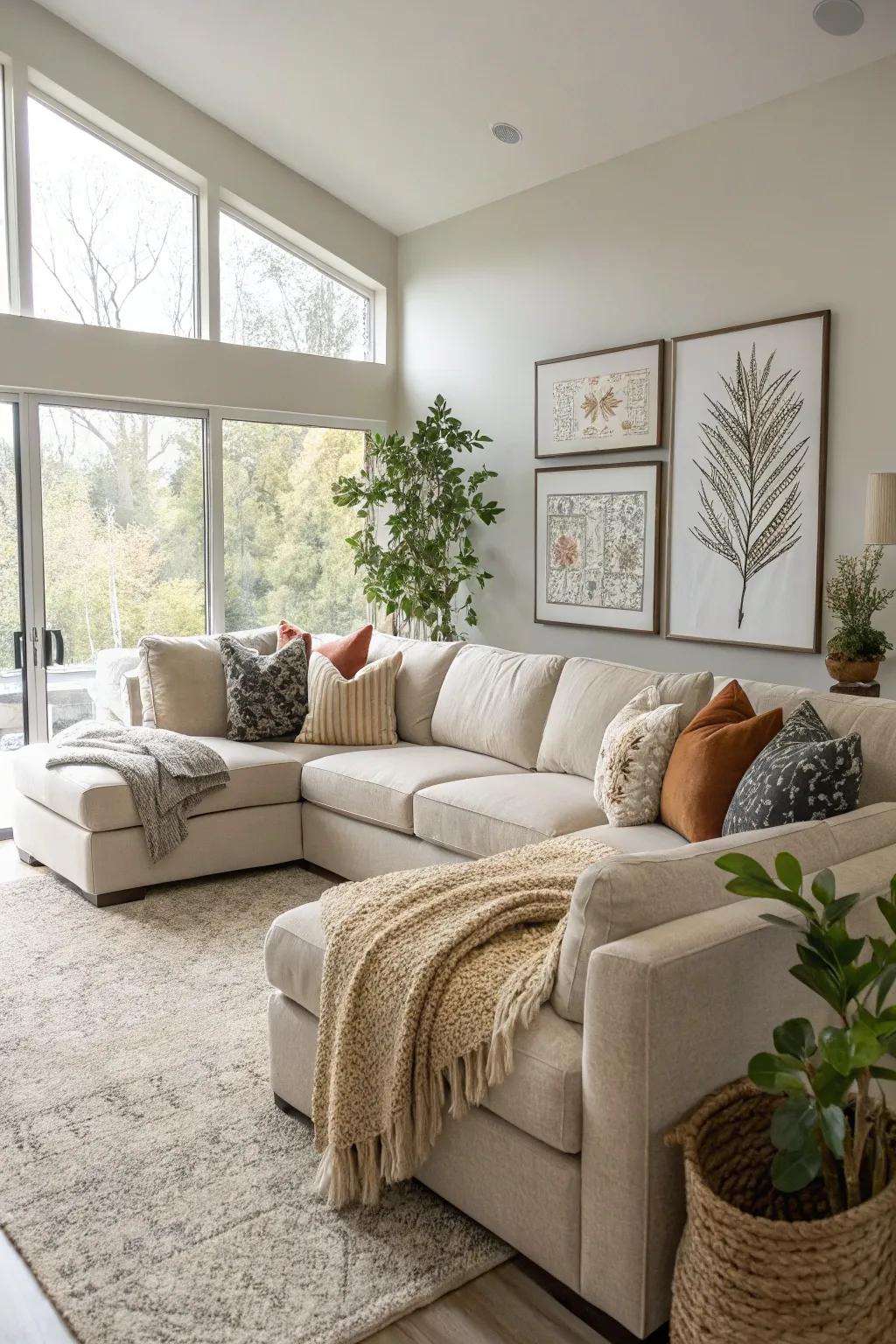 A spacious family room spotlighting an inviting sectional sofa.