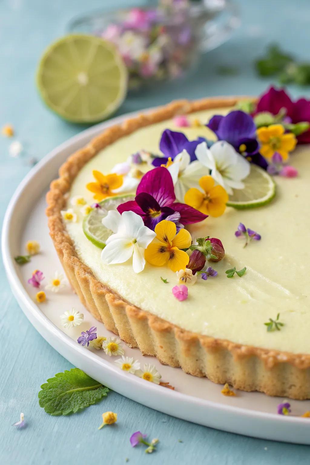 Edible blooms bring magic and sophistication to a citrus custard pie.