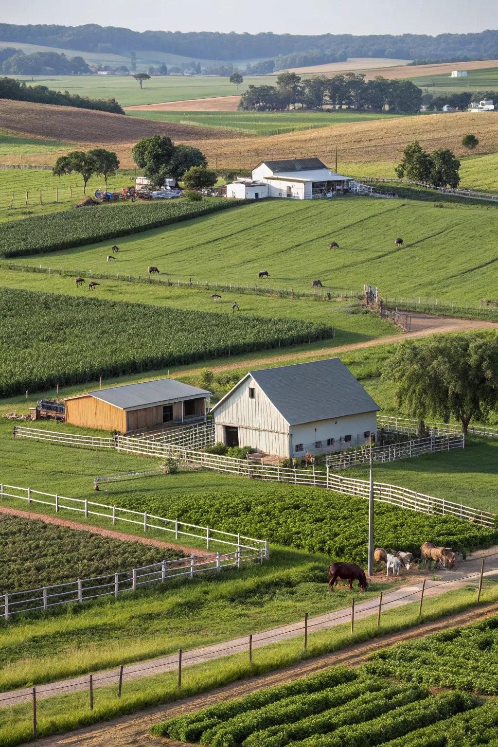 A farm featuring neatly defined sectors for cultivation, animal husbandry, and residential living.