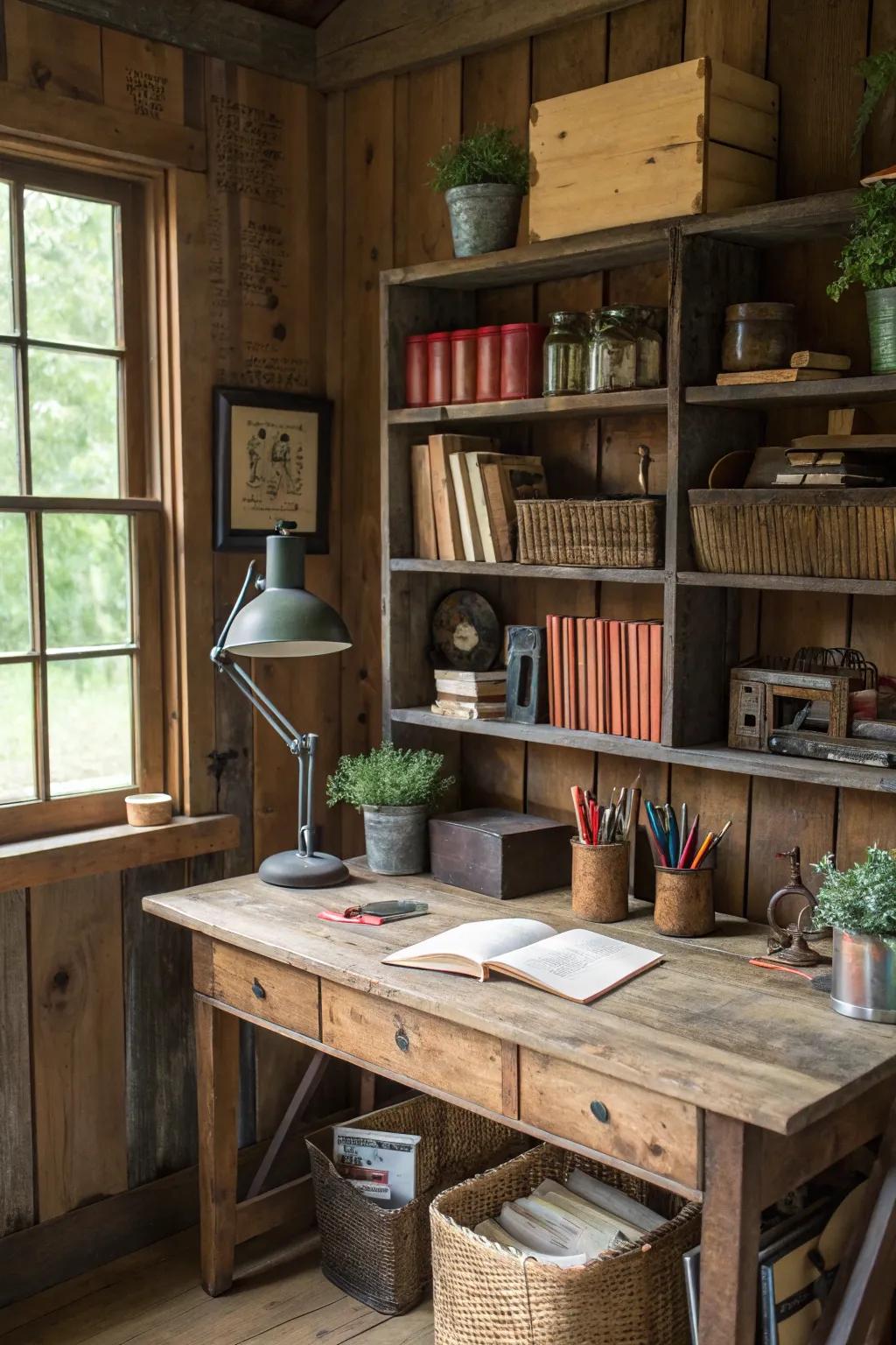 A farm office showcasing repurposed wood accents, contributing warmth and charm.