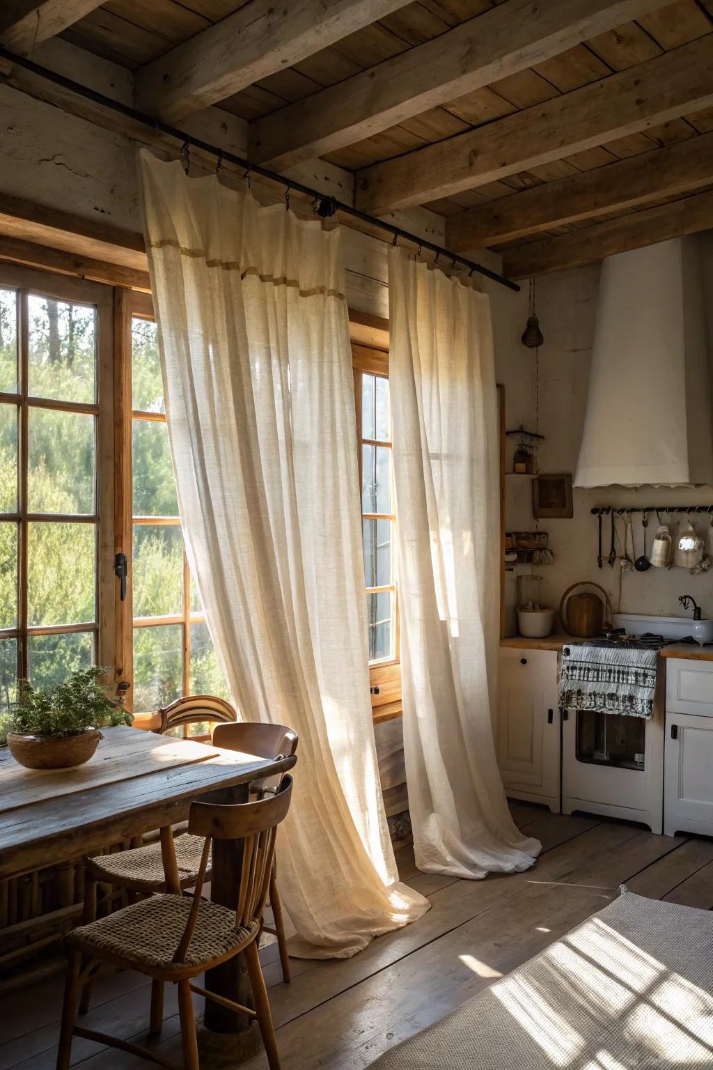 Flax coverings delicately sifting sunlight within a captivating countryside cookhouse.