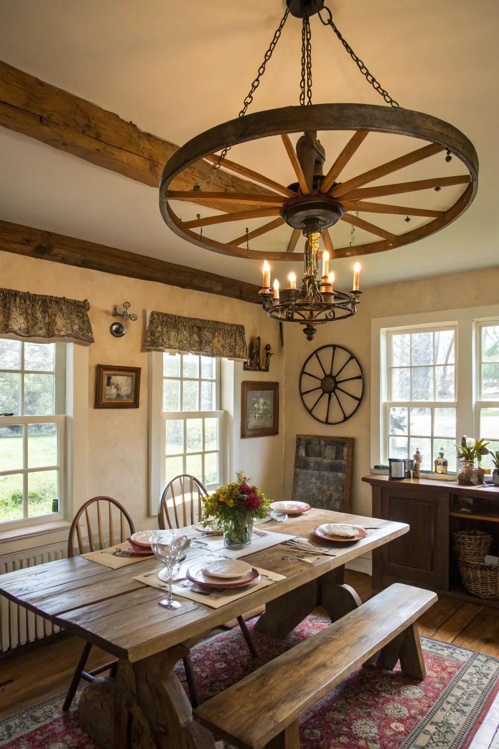Farm cartwheel chandeliers establish a mesmerizing centerpiece in any countryside-inspired eating area.