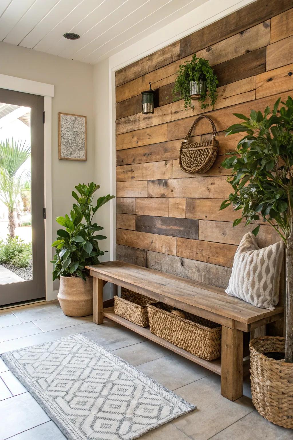 A beautifully inviting entryway showcasing a bench crafted from aged wood.