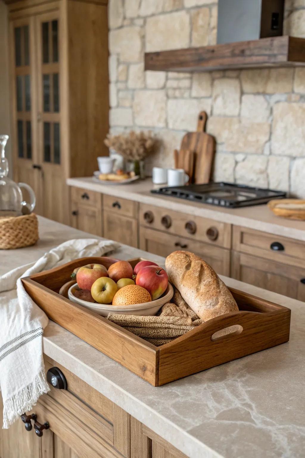 A wood board beautifully arranging cooking space necessities on a farmhouse worktop.