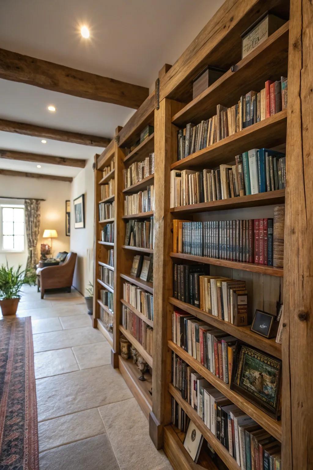 Shelves stretching from floor to ceiling introduce a touch of rustic appeal to any farmhouse library.