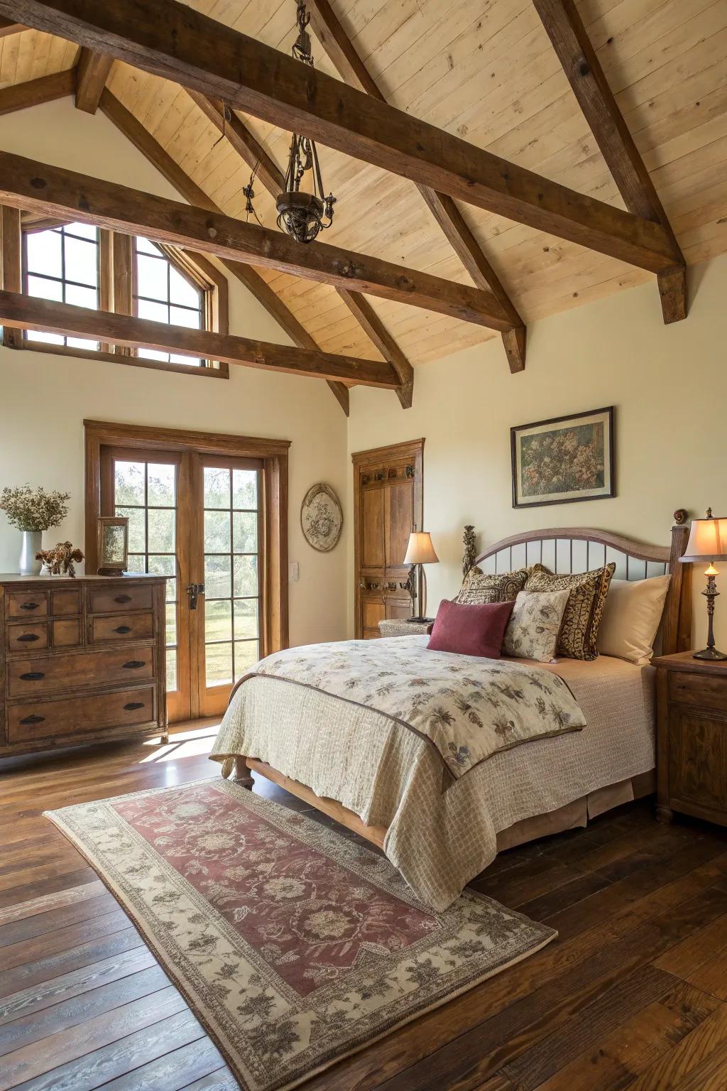 Uncovered beams contribute rural beauty to this farmhouse sleeping quarters.