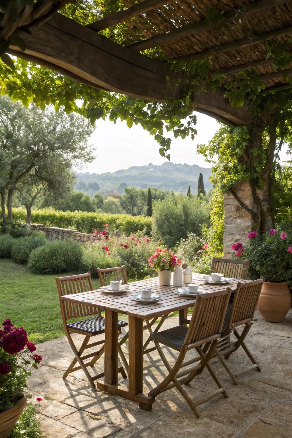 A homespun wooden table and chair arrangement sets the stage for a farmhouse patio.