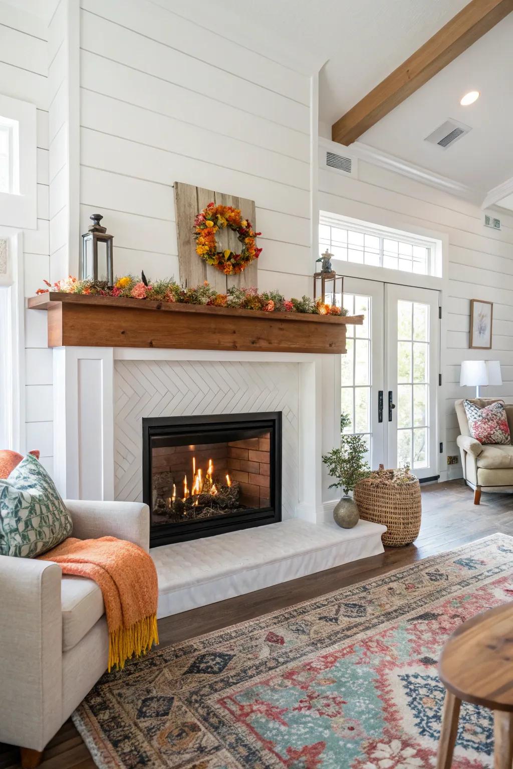 A timeless white planked fireplace introduces sophistication to every space.