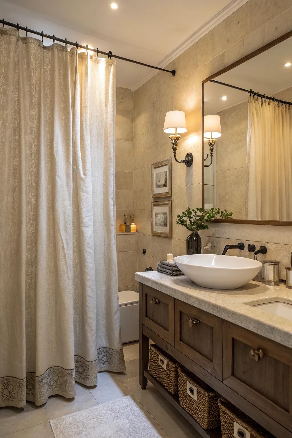 An exquisite bathroom exhibiting a pure weave shower drape with gentle illumination.