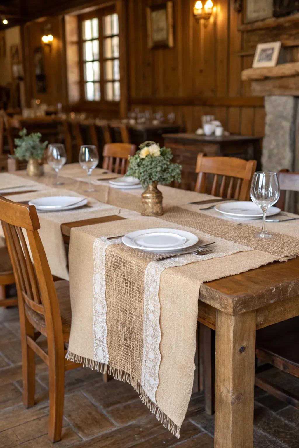 An earthy burlap table piece enhances the dining area's warmth.