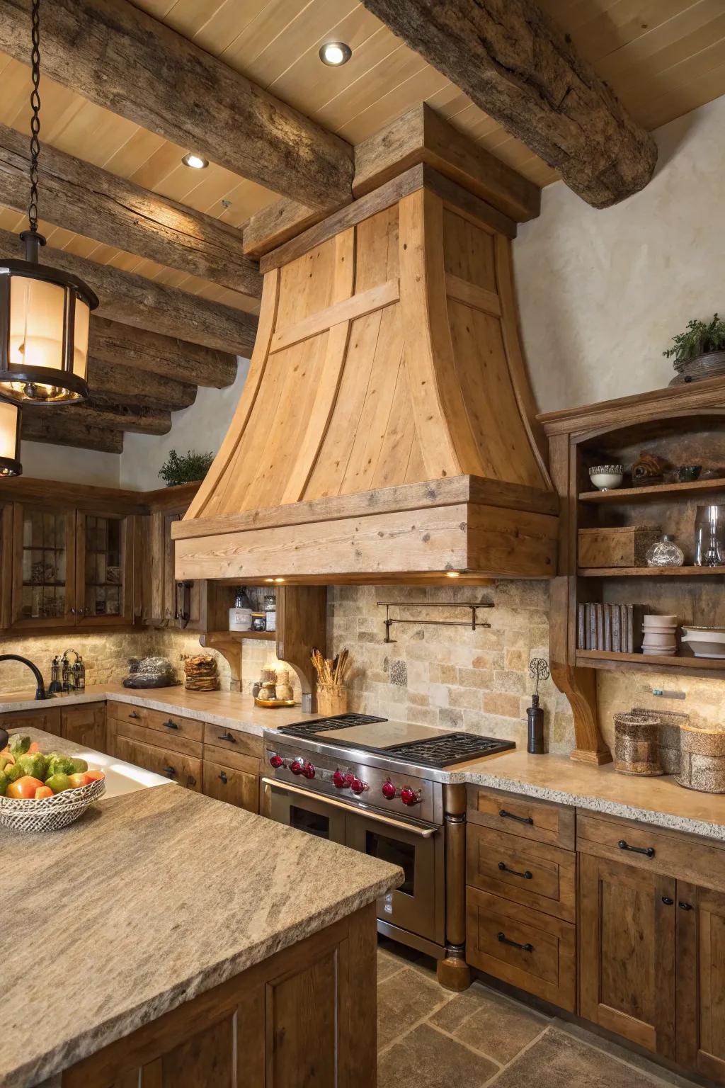 Pure timber texture on a vent hood integrates countryside elegance to the cooking space.