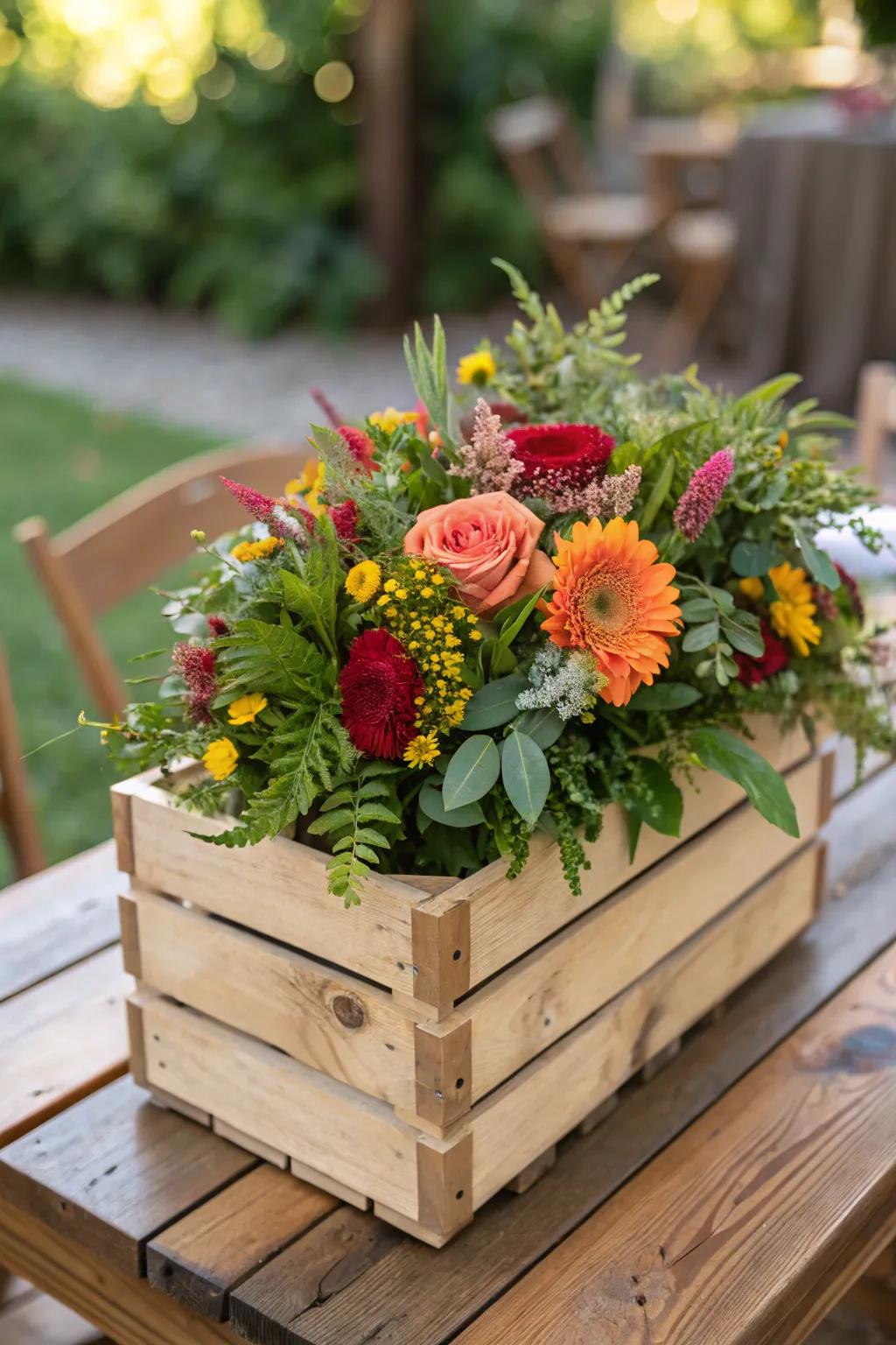 Vivid flowery plan in a rustic wooden box.