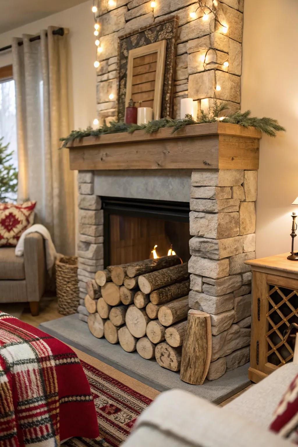An artificial fireplace showcasing a thoughtfully curated display of white birch pieces.