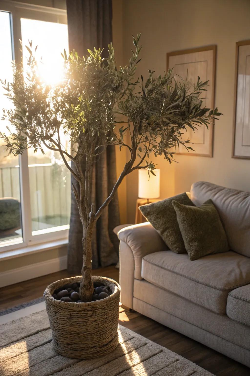 Design a serene family room with an artificial Italian plant.