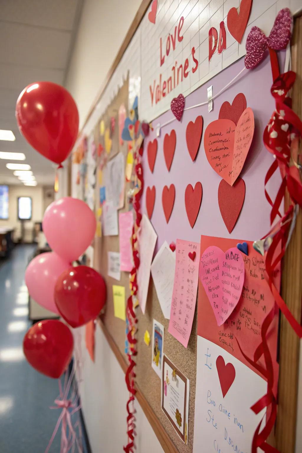 A Valentine-inspired bulletin board adorned with hearts and affectionate notes.