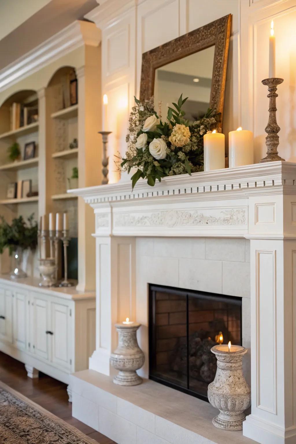 A fireplace highlighted with pristine ivory trim, exuding a timeless, graceful charm.