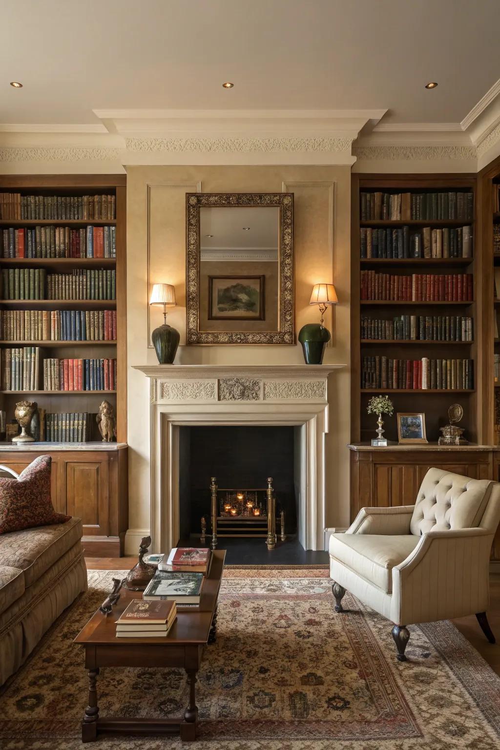 A timeless symmetry design featuring bookshelves on either side of the fireplace.