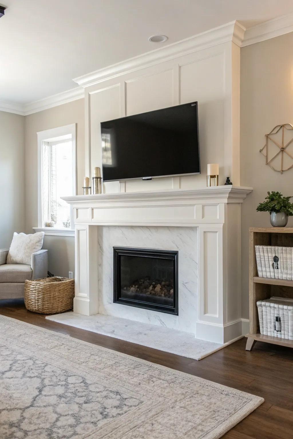 A minimalist living area showcasing a white fireplace and television display.
