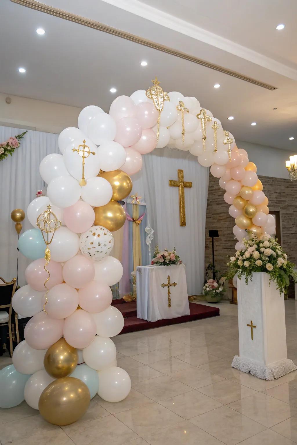 A magnificent air-filled arc, impeccable for spotlighting any First Holy Communion gathering.