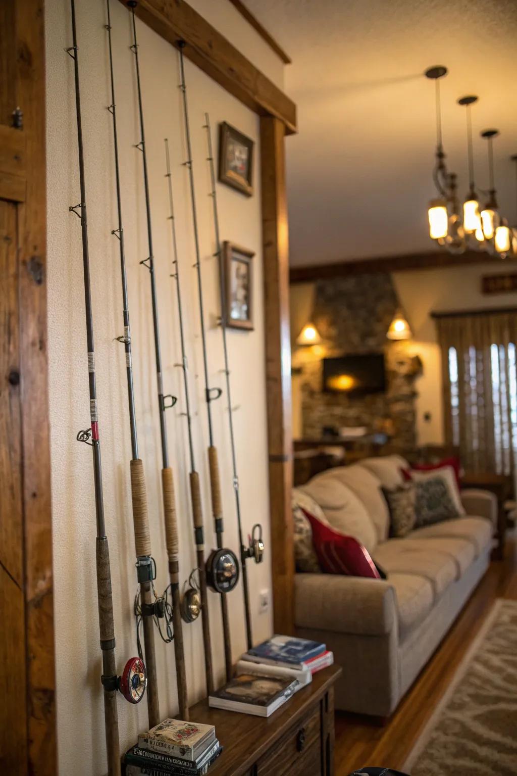 Classic fishing poles turn an ordinary wall into a captivating point of interest.