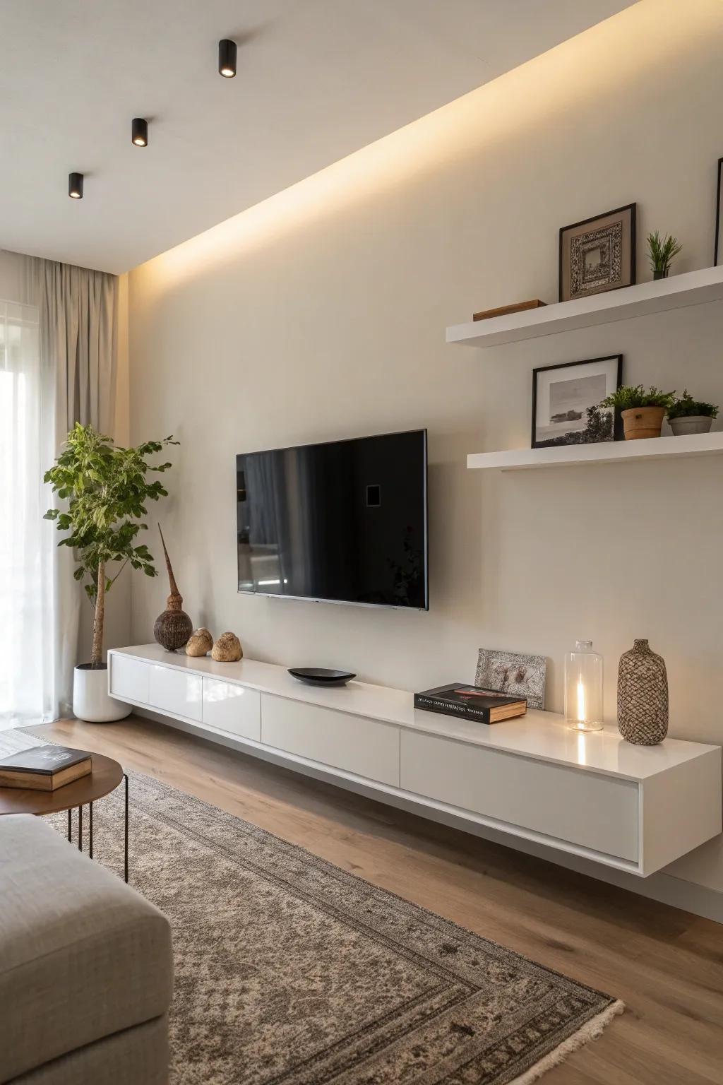 A minimalist drifting ledge maintains emphasis on the television and introduces a contemporary element.
