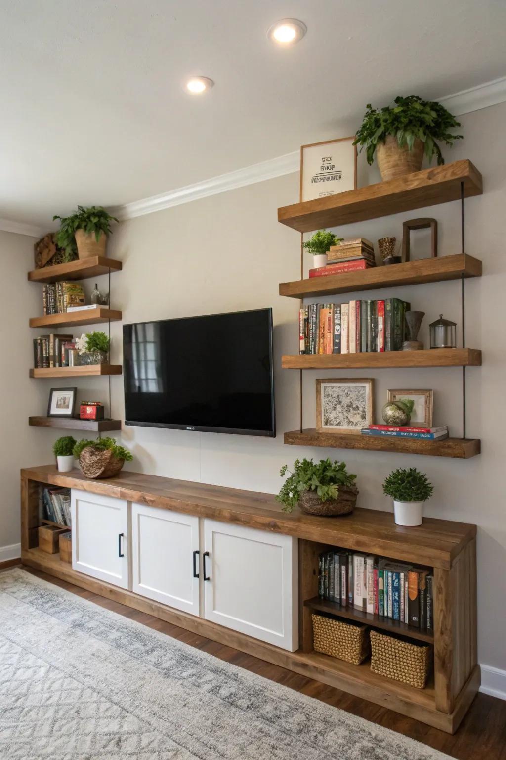 Balance your setup with shelves bordering your TV.