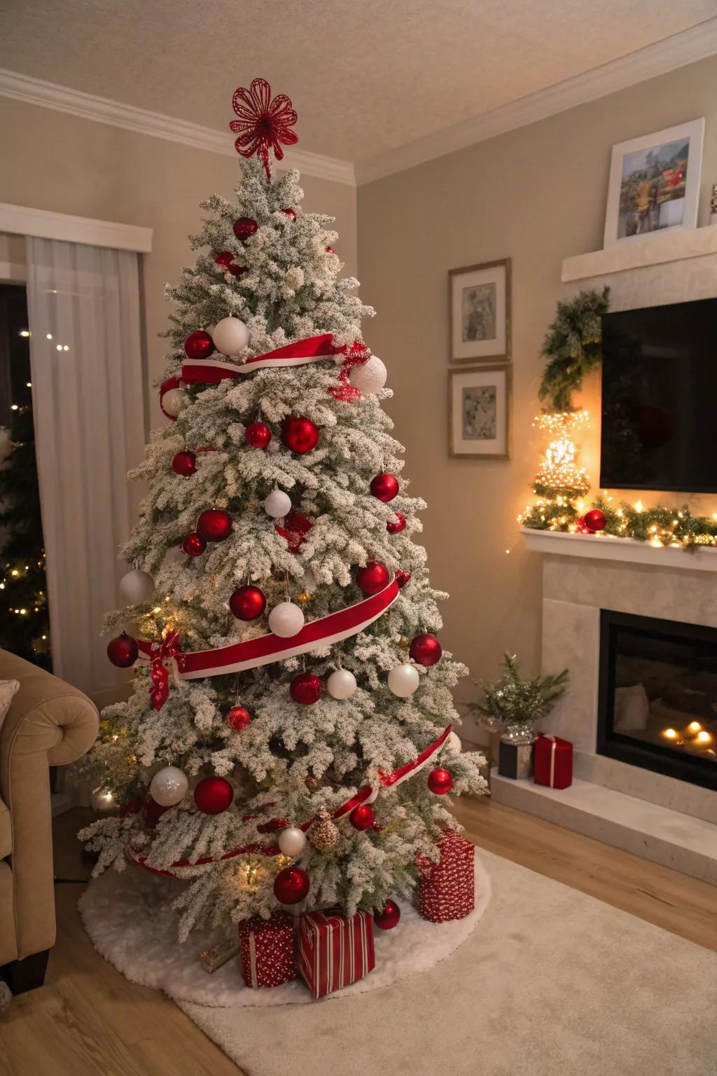 A traditionally adorned flocked Christmas tree in scarlet and ivory.