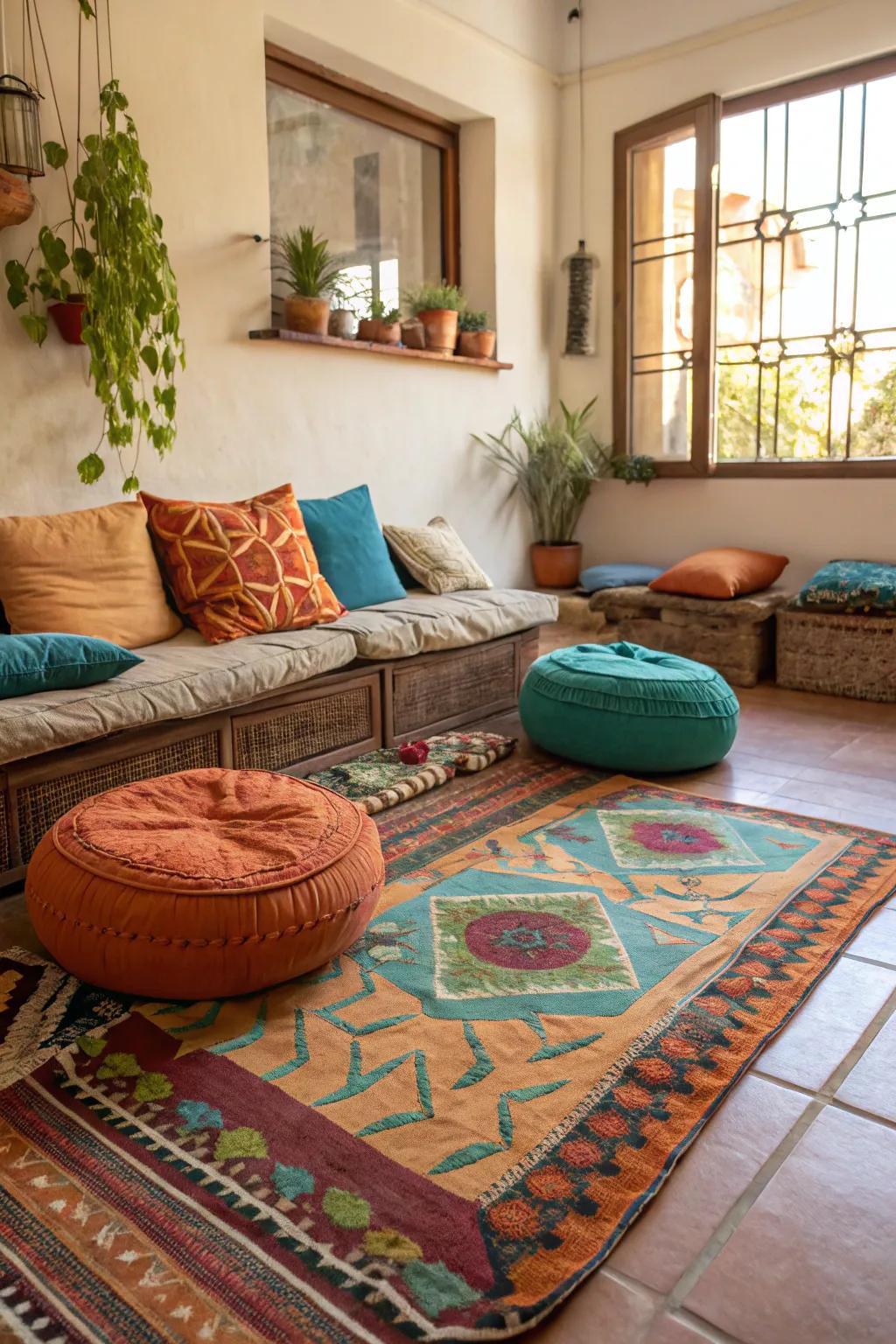 Floor seating inspired by bohemian design introduces vibrant color and creativity.