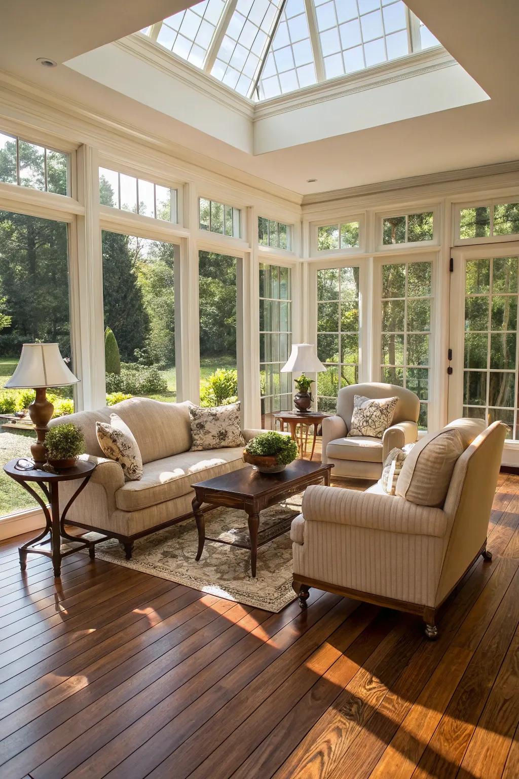 Sunroom featuring timeless wood surface and outdoor vistas.