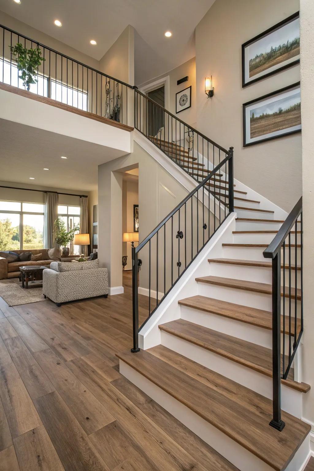 A modern staircase showcases laminate flooring, beautifully replicating the appearance of hardwood.