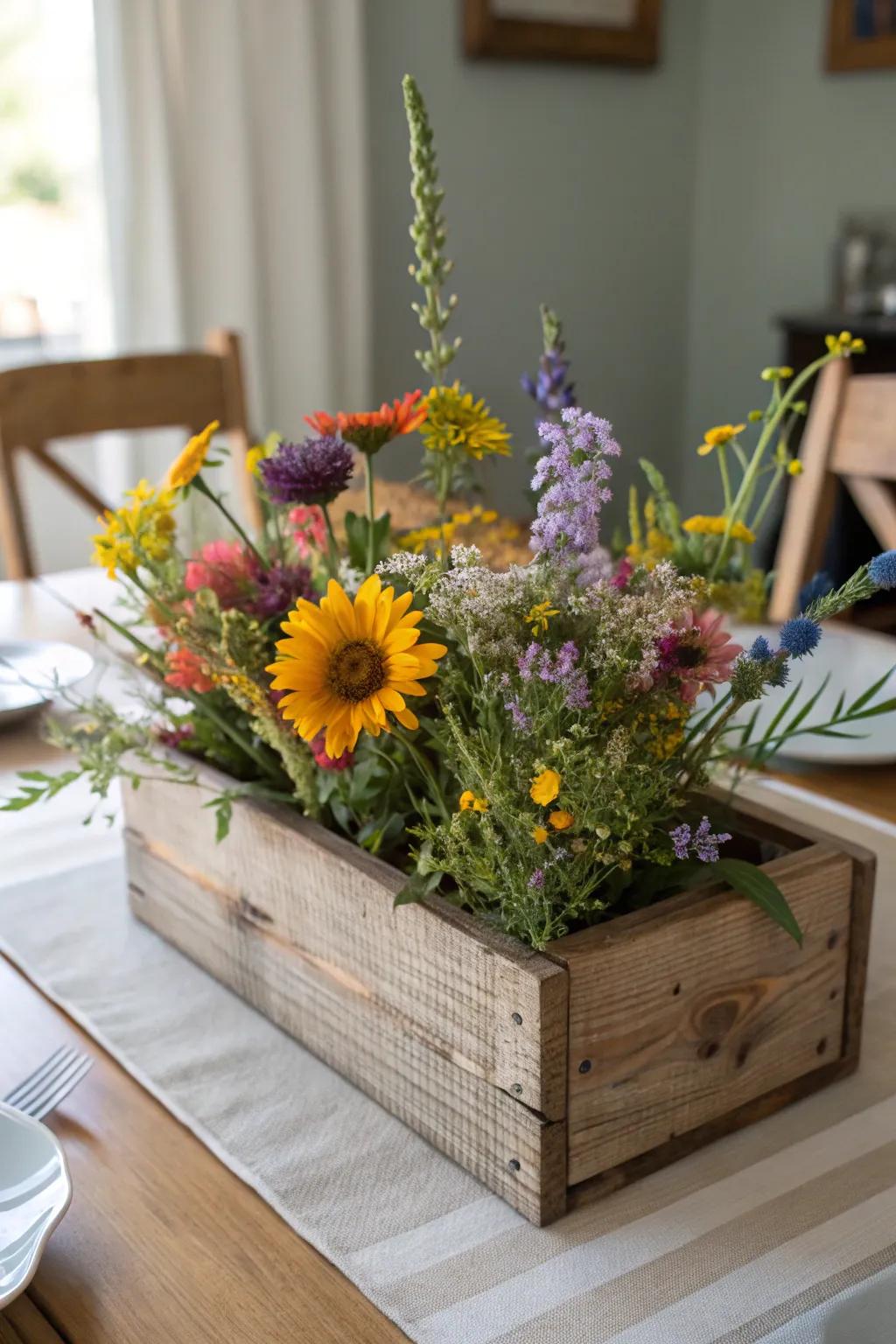 Down-to-earth meadow centerpiece in a wooden box, infusing country allure into the dining area.