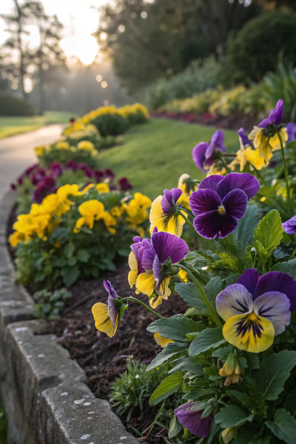 An eye-catching floral perimeter showcasing bold purples harmoniously blended with luminous yellow blossoms.