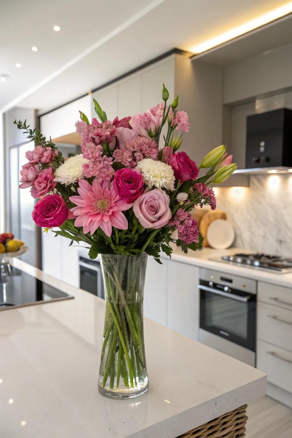 A single-color arrangement of rosy flowers contributes refinement to a cooking space.