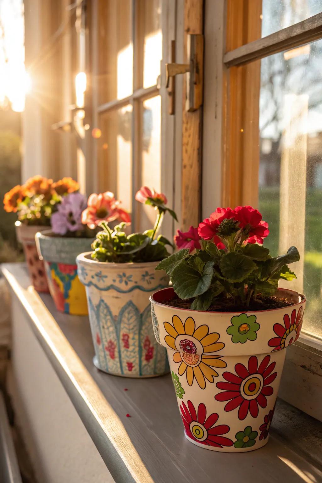Unleash your inner artist with dynamic hand-painted designs showcased on flower pots.