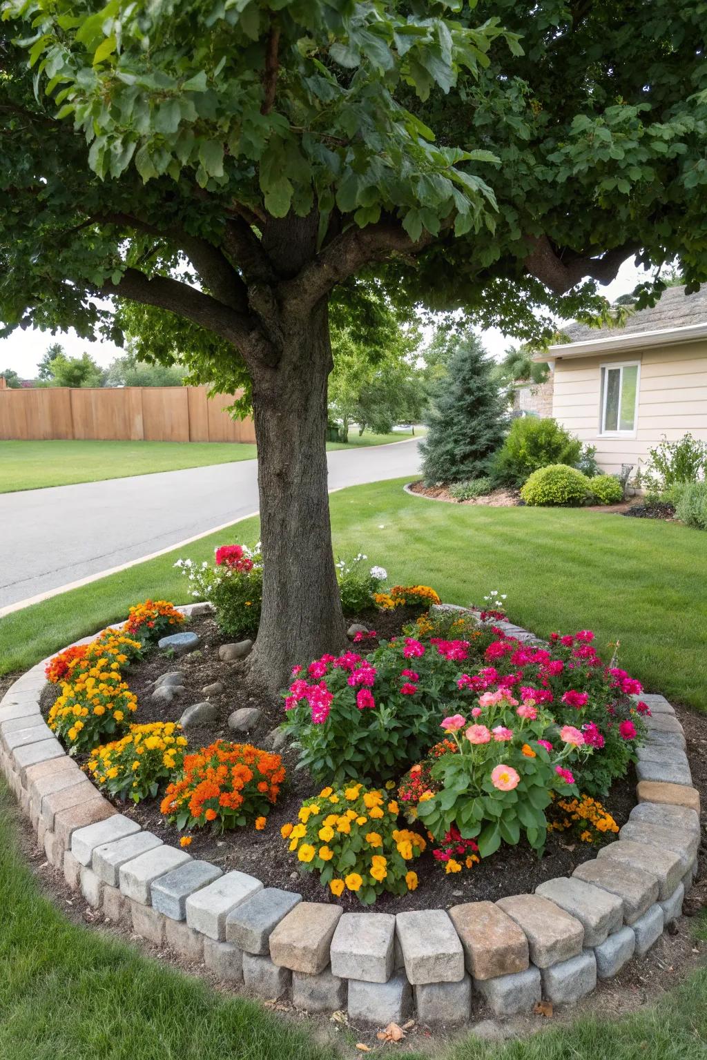 A tree embraced by a graceful stone boundary, amplifying the garden’s allure.